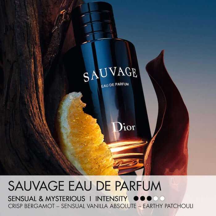 DIOR SAUVAGE Eau de Parfum bottle with bergamot, ambroxan, and vanilla scent ingredients