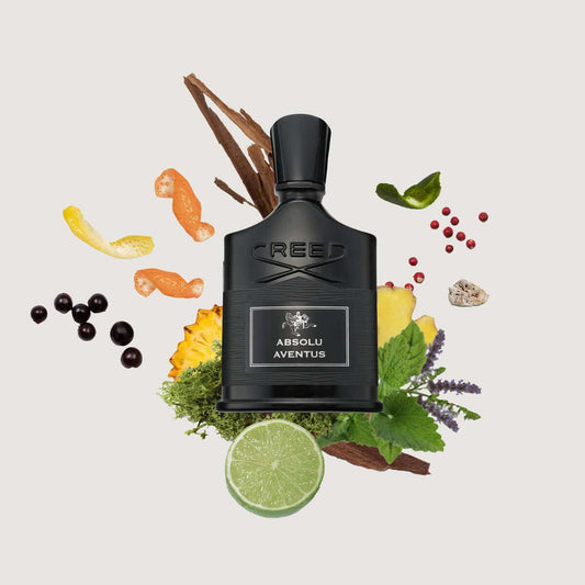CREED ABSOLU AVENTUS Eau de Parfum bottle with pineapple and amber notes highlighting luxury and sophistication