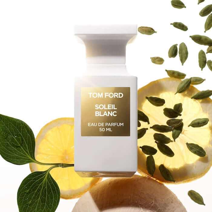TOM FORD SOLEIL BLANC perfume bottle with lemons and fresh citrus vibe