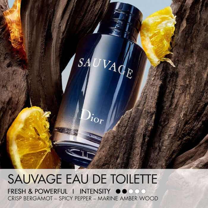 DIOR SAUVAGE Eau de Toilette bottle featuring citrus, spicy, and woody notes fragrance