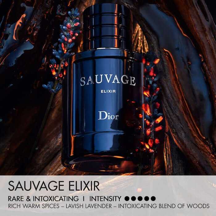DIOR SAUVAGE ELIXIR Eau de Parfum bottle with spices and amber notes for a luxurious, long-lasting fragrance