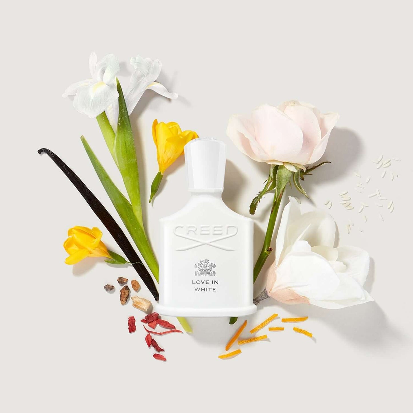 Bottle of CREED LOVE IN WHITE Eau de Parfum with white flowers, musk, and citrus notes