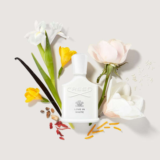 Bottle of CREED LOVE IN WHITE Eau de Parfum with white flowers, musk, and citrus notes